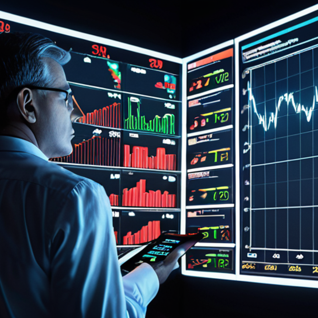 **Prompt:** A dynamic and volatile stock market depicted as a challenging "minefield." In the foreground, a thoughtful human investment analyst holds traditional financial charts, while behind them, a futuristic, glowing AI interface rapidly processes complex data. A giant, shimmering question mark hovers over the scene, symbolizing the uncertainty of "high returns" and the evolving role of human vs. artificial intelligence in finance. The atmosphere should convey both risk and potential, with subtle futuristic elements.