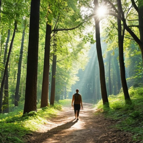**

A serene scene in Belgrad Forest near Istanbul. A person is walking a forest path surrounded by tall trees, sunlight filtering through the leaves. Focus on conveying calmness and connection with nature, emphasizing the stress-relieving benefits of spending time outdoors.

**