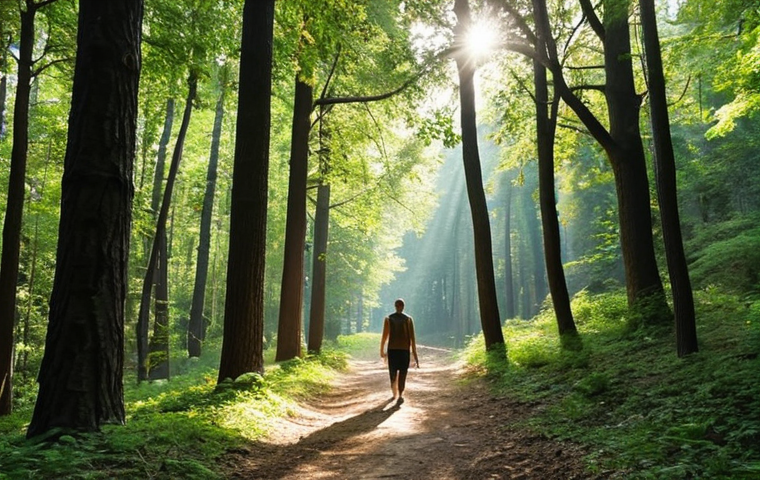 **

A serene scene in Belgrad Forest near Istanbul. A person is walking a forest path surrounded by tall trees, sunlight filtering through the leaves. Focus on conveying calmness and connection with nature, emphasizing the stress-relieving benefits of spending time outdoors.

**